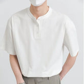 Hearujoy Men's Clothing Luxury Henry Collar T-Shirt Vintage Casual Button-down Solid Color Short Sleeve Tees for Men Breathable Leisure